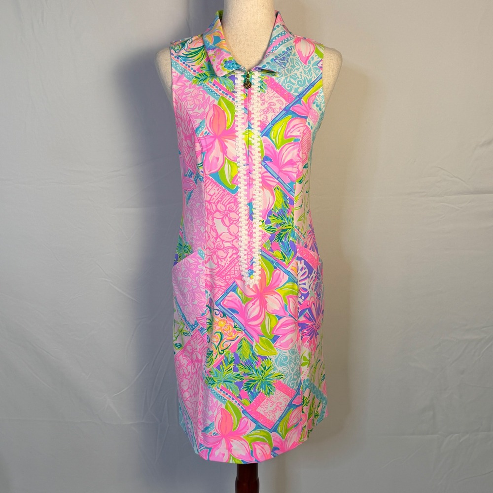 Lilly Pulitzer Luxletic Pink Floral Zip Front‎ Golf Tennis Dress Womens 4 nwot